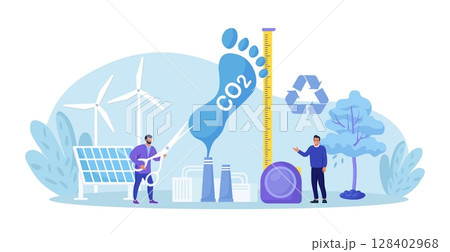 Carbon footprint as CO2 emission pollution. Human impact on planet ecosystem. Foot symbol as industrial toxic effect. Reduce dioxide greenhouse gases with alternative energy, decrease emission produce Carbon footprint as CO2 emission pollution. Human impact on planet ecosystem. Foot symbol as industrial toxic effect. Reduce dioxide greenhouse gases with alternative energy, decrease emission produce 128402968