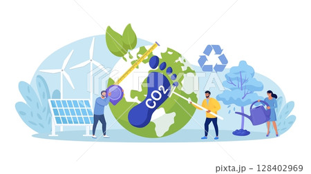 Carbon footprint as CO2 emission pollution. Human impact on ecosystem. Foot symbol as industrial toxic effect. Reduce dioxide greenhouse gases with alternative energy, plant ecological forestation 128402969