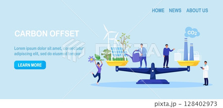 Carbon offset compensation to reduce CO2. Net zero emissions and carbon dioxide neutral balance. Scales with plants and factory. People calculate emissions from factories for zero environment strategy Carbon offset compensation to reduce CO2. Net zero emissions and carbon dioxide neutral balance. Scales with plants and factory. People calculate emissions from factories for zero environment strategy 128402973