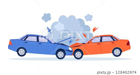 Car crash on the road. Red and blue cars are broken in the city. Road traffic accident. Smashed cars on highway. Collision of vehicles. Automobiles damaged 128402974
