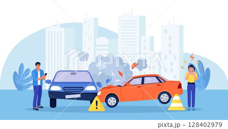 Upset drivers standing near crashed cars. Road traffic accident. Car crash on the road. Vehicle is broken in the city. Smashed auto on highway. Collision of vehicles, wreck. Automobile damaged 128402979