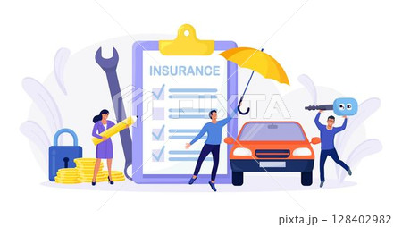 Car insurance policy form with umbrella. Insurance agent or salesman providing security document. People buying auto, leasing. Protection, warranty of vehicle from accident, damage or collision 128402982