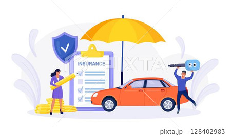 Car insurance policy form with shield, umbrella. Insurance agent or salesman providing security document. People buying auto, leasing Protection, warranty of vehicle from accident, damage or collision Car insurance policy form with shield, umbrella. Insurance agent or salesman providing security document. People buying auto, leasing Protection, warranty of vehicle from accident, damage or collision 128402983