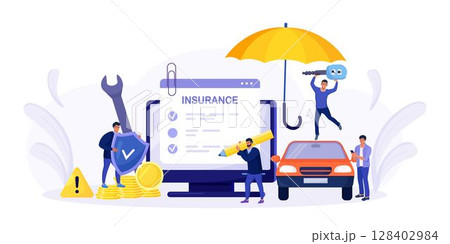 Car insurance policy form on computer screen. Insurance agent or salesman providing security document. People buying auto, leasing. Protection, warranty of vehicle from accident, damage or collision Car insurance policy form on computer screen. Insurance agent or salesman providing security document. People buying auto, leasing. Protection, warranty of vehicle from accident, damage or collision 128402984