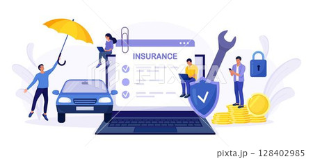 Car insurance policy form on laptop screen. Insurance agent or salesman providing security document. People buying auto, leasing. Protection, warranty of vehicle from accident, damage or collision Car insurance policy form on laptop screen. Insurance agent or salesman providing security document. People buying auto, leasing. Protection, warranty of vehicle from accident, damage or collision 128402985