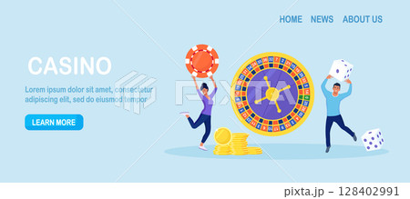 Casino and Gambling Concept. People Playing in Games of Fortune. Happy Man and Woman Winning Money in Casino Roulette. Characters Jumping with Poker Chips and Dice 128402991
