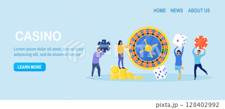 Casino and Gambling Concept. People Playing in Games of Fortune. Happy Man and Woman Winning Money in Casino Roulette. Characters Jumping with Poker Chips and Dice 128402992