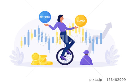 Woman balancing as acrobat on wheel, choosing between stocks and bonds. Diversify portfolio investments. Passive invest wealth accumulate. Balanced investment strategy. Finance asset allocation Woman balancing as acrobat on wheel, choosing between stocks and bonds. Diversify portfolio investments. Passive invest wealth accumulate. Balanced investment strategy. Finance asset allocation 128402999