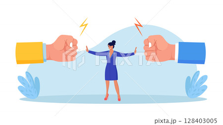 Conflict management. Woman stopping conflict or fighting. Leadership skill to compromise and solving argument problem. Disagreement communication, negotiation. Business deal conversation 128403005