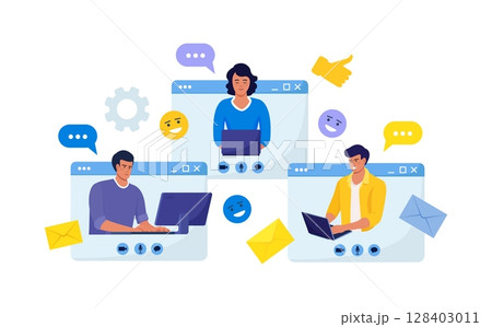 Online Discussion and Video Conference. People Connecting Together, Learning or Meeting Online with Teleconference. Businessmen on Web Page Talking with Colleagues, Employees or Friends 128403011