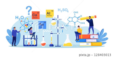 Chemistry pharmacy lab, science equipment. People learning chemical formula, elements. Scientific experiment in laboratory with reagents, test glass flask, chemical substances. Education, innovation 128403013
