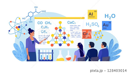 Chemistry school lesson. Students learning chemical formula, element structure. Scientific experiment in laboratory with chemistry flasks, reagents, science equipment. Lab scientific researches 128403014