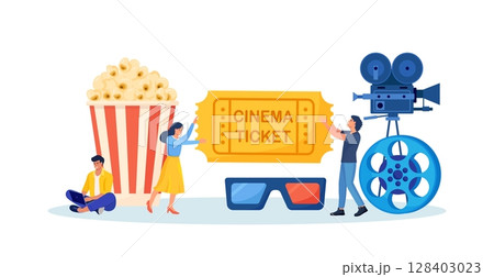 People booking cinema ticket. Mobile movie theater. Man watching online cinema with popcorn bucket, 3d glasses and camera, film strip. Cinematography. Film production. Premiere show announcement 128403023