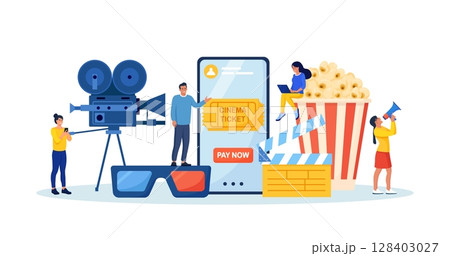 People booking cinema ticket, armchairs in theatre by mobile app. Online cinema art movie watching with popcorn bucket, 3d glasses, soda drinks and camera, clapperboard. Cinematography concept People booking cinema ticket, armchairs in theatre by mobile app. Online cinema art movie watching with popcorn bucket, 3d glasses, soda drinks and camera, clapperboard. Cinematography concept 128403027