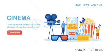 People booking cinema ticket, armchairs in theatre by mobile app. Online cinema art movie watching with popcorn bucket, 3d glasses, soda drinks and camera, clapperboard. Cinematography concept People booking cinema ticket, armchairs in theatre by mobile app. Online cinema art movie watching with popcorn bucket, 3d glasses, soda drinks and camera, clapperboard. Cinematography concept 128403028