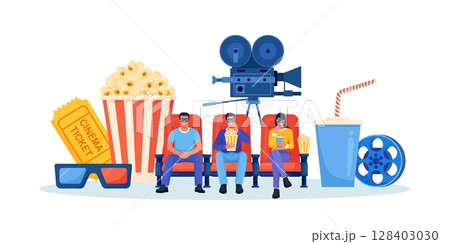 Online cinema art movie. Happy friends sitting, watching 3d motion picture. Comfortable armchairs for watching film. Popcorn, soda drinks, clapperboard, filmstrip. Auditorium, seats in movies theater Online cinema art movie. Happy friends sitting, watching 3d motion picture. Comfortable armchairs for watching film. Popcorn, soda drinks, clapperboard, filmstrip. Auditorium, seats in movies theater 128403030