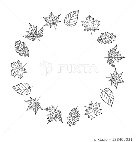 Hand-Drawn Autumn Leaf Wreath Outline. Botanical Fall Circle Frame for Coloring, Cards, and Invitations 128403031