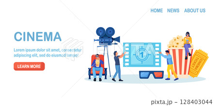 Online cinema art movie watching with popcorn bucket, 3d glasses, soda drinks and filmstrip, film reel. Cinematography concept. Film production. Movie premiere show announcement Online cinema art movie watching with popcorn bucket, 3d glasses, soda drinks and filmstrip, film reel. Cinematography concept. Film production. Movie premiere show announcement 128403044