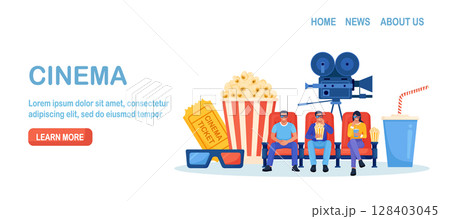 Online cinema art movie. Happy friends sitting, watching 3d motion picture. Comfortable armchairs for watching film. Popcorn, soda drinks, clapperboard, filmstrip. Auditorium, seats in movies theater Online cinema art movie. Happy friends sitting, watching 3d motion picture. Comfortable armchairs for watching film. Popcorn, soda drinks, clapperboard, filmstrip. Auditorium, seats in movies theater 128403045