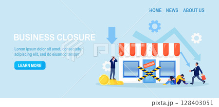 Businessman has become bankrupt and closed business. Financial crisis. Global economic crash. Stopping commerce activity. Business people upset about recession, economy problems. Store shop is closed Businessman has become bankrupt and closed business. Financial crisis. Global economic crash. Stopping commerce activity. Business people upset about recession, economy problems. Store shop is closed 128403051