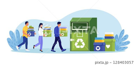 Cloth recycling. People put, sorting clothes in urban street container for social humanitarian aid. Recycled fabric, textile and eco friendly production. Volunteers donating to charity. Garment reuse 128403057