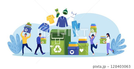 Recycling clothes. Clothing falls into container with recycling symbol. People put garment in bin to create eco-friendly textile. Sustainable eco fashion, clothes donation. Charity, humanitarian aid Recycling clothes. Clothing falls into container with recycling symbol. People put garment in bin to create eco-friendly textile. Sustainable eco fashion, clothes donation. Charity, humanitarian aid 128403063