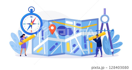 Cartography, Topography. People with Compass, Divider and Pencil Planning Tourist Route, Put Marks for Destination Points. Characters Orienteering at Huge Paper Map, Searching Way. Geography concept 128403080