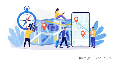 Smartphone with Navigator App Showing Route, Geolocation, Point Location on Map. GPS Navigation. People Planning Tour, Searching Route, Choosing Travel Destination. Compass, Electronic Map with Geotag 128403081