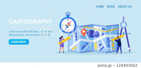 Cartography, Topography. People with Compass, Divider and Pencil Planning Tourist Route, Put Marks for Destination Points. Characters Orienteering at Huge Paper Map, Searching Way. Geography concept 128403082