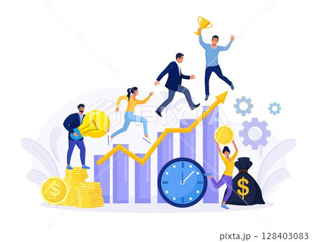 Competitive process in business. Business people run to their goal, in hurry in each step. Way to achieve the goal, move up the motivation. Employee victory. Companies competition. Competitive process in business. Business people run to their goal, in hurry in each step. Way to achieve the goal, move up the motivation. Employee victory. Companies competition. 128403083