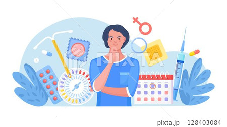 Woman thinking about suitable method of female contraception. Protection against sexually transmitted diseases, pregnancy. Birth control methods. Oral hormonal contraceptives, condoms. Sexual health 128403084