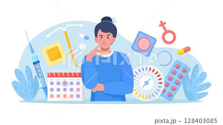 Woman thinking about suitable method of female contraception. Protection against sexually transmitted diseases, pregnancy. Birth control methods. Oral hormonal contraceptives, condoms. Sexual health 128403085