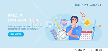 Woman thinking about suitable method of female contraception. Protection against sexually transmitted diseases, pregnancy. Birth control methods. Oral hormonal contraceptives, condoms. Sexual health Woman thinking about suitable method of female contraception. Protection against sexually transmitted diseases, pregnancy. Birth control methods. Oral hormonal contraceptives, condoms. Sexual health 128403088