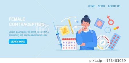 Woman thinking about suitable method of female contraception. Protection against sexually transmitted diseases, pregnancy. Birth control methods. Oral hormonal contraceptives, condoms. Sexual health Woman thinking about suitable method of female contraception. Protection against sexually transmitted diseases, pregnancy. Birth control methods. Oral hormonal contraceptives, condoms. Sexual health 128403089