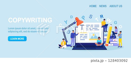 Blog authors writing articles, making valuable content. Freelance writers creating internet content. Copy writer workshop. Writing texts, creativity and promotion, seo marketing 128403092