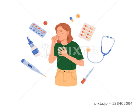Character Sneezing and Coughing. Prevention against Virus and Infection.Young Woman Having a Cold. Flu and Sickness Concept. Doctors Treat Patient with Pills, Capsules. Influenza Treatment 128403094