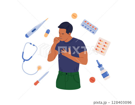 Man suffering from flu. He has fever, cough and sneezing. Flu or cold, allergy symptom. Influenza, illness treatment. Person with influenza, runny nose, headache, fever, sore throat. Pharmacy therapy 128403096