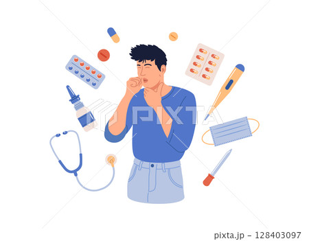 Man suffering from flu. He has fever, cough and sneezing. Flu or cold, allergy symptom. Influenza, illness treatment. Person with influenza, runny nose, headache, fever, sore throat. Pharmacy therapy 128403097