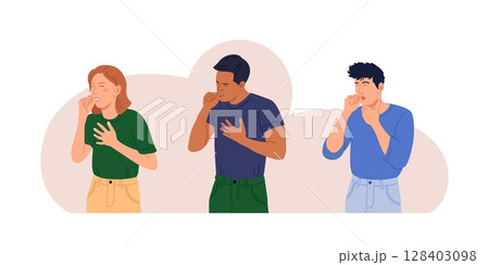 Characters Sneezing and Coughing. Prevention against Virus and Infection.Young Woman and Man Having a Cold. Flu and Sickness Concept. Doctors Treat Patient with Pills, Capsules. Influenza Treatment 128403098