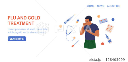 Man suffering from flu. He has fever, cough and sneezing. Flu or cold, allergy symptom. Influenza, illness treatment. Person with influenza, runny nose, headache, fever, sore throat. Pharmacy therapy 128403099