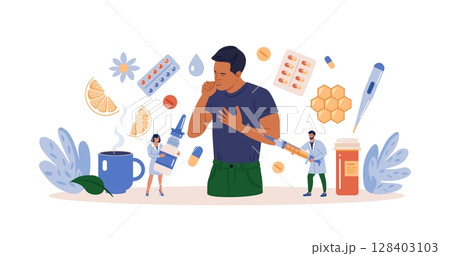 Character Sneezing and Coughing. Prevention against Virus and Infection.Young Man Having a Cold. Flu and Sickness Concept. Doctors Treat Patient with Pills, Capsules. Influenza Treatment 128403103