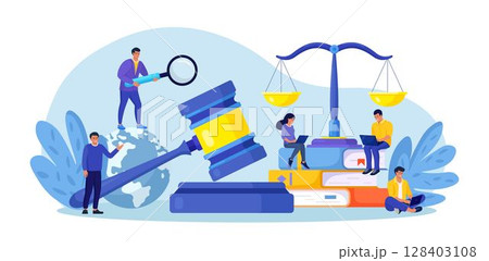Law and Justice. Men discuss legal issues, people work on laptop near justice scales, judge gavel, wooden hammer. Supreme court. Lawyer consulting client. Legislation, civil regulation 128403108