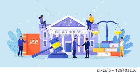 Law and justice concept. Justice scales, supreme court building and judge gavel. Crime courthouse advocate, lawyer consulting to client. Legal advice online, remote 128403110