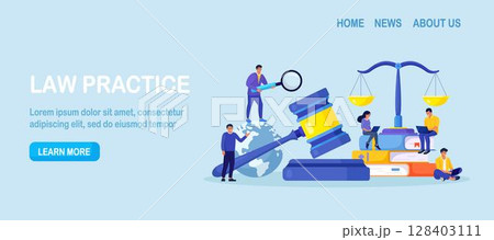 Law and Justice. Men discuss legal issues, people work on laptop near justice scales, judge gavel, wooden hammer. Supreme court. Lawyer consulting client. Legislation, civil regulation 128403111