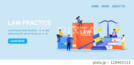 Law and justice. Judge scales and wood judge gavel. Wooden hammer with law code books. Legal and legislative authority. Jury trial, court proceedings. Vector design 128403112