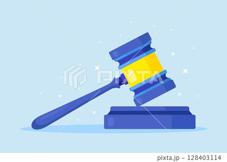 Wooden judicial ceremonial gavel of the chairman for passing sentences and bills. Judge wood hammer for auction, judgment, court 128403114