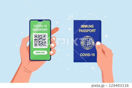 Human hand holding smartphone with health passport app, which indicates vaccination against covid-19. Electronic Immunity certificate. QR code on phone screen. Travel without restrictions worldwide 128403116
