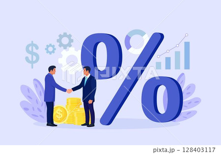 Businessman shaking hands. Bank loan, credit agreement. Discount, loyalty program, promotion. Good interest rate. Lending of organization or entity. Personal loans with interest-free periods 128403117