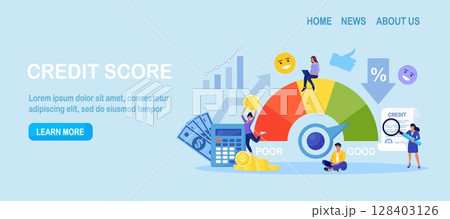 Credit score, rating. People examining client creditworthiness report with credit history. Bank analysts evaluating ability of prospective debtor to pay debt. Payment history data meter. Loan, mortage 128403126