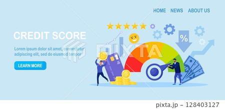 Credit score. Businessman pushing speedometer scale arrow changing credit history from poor to good. Payment history data meter. Bank analysts evaluating ability of prospective debtor to pay the debt 128403127
